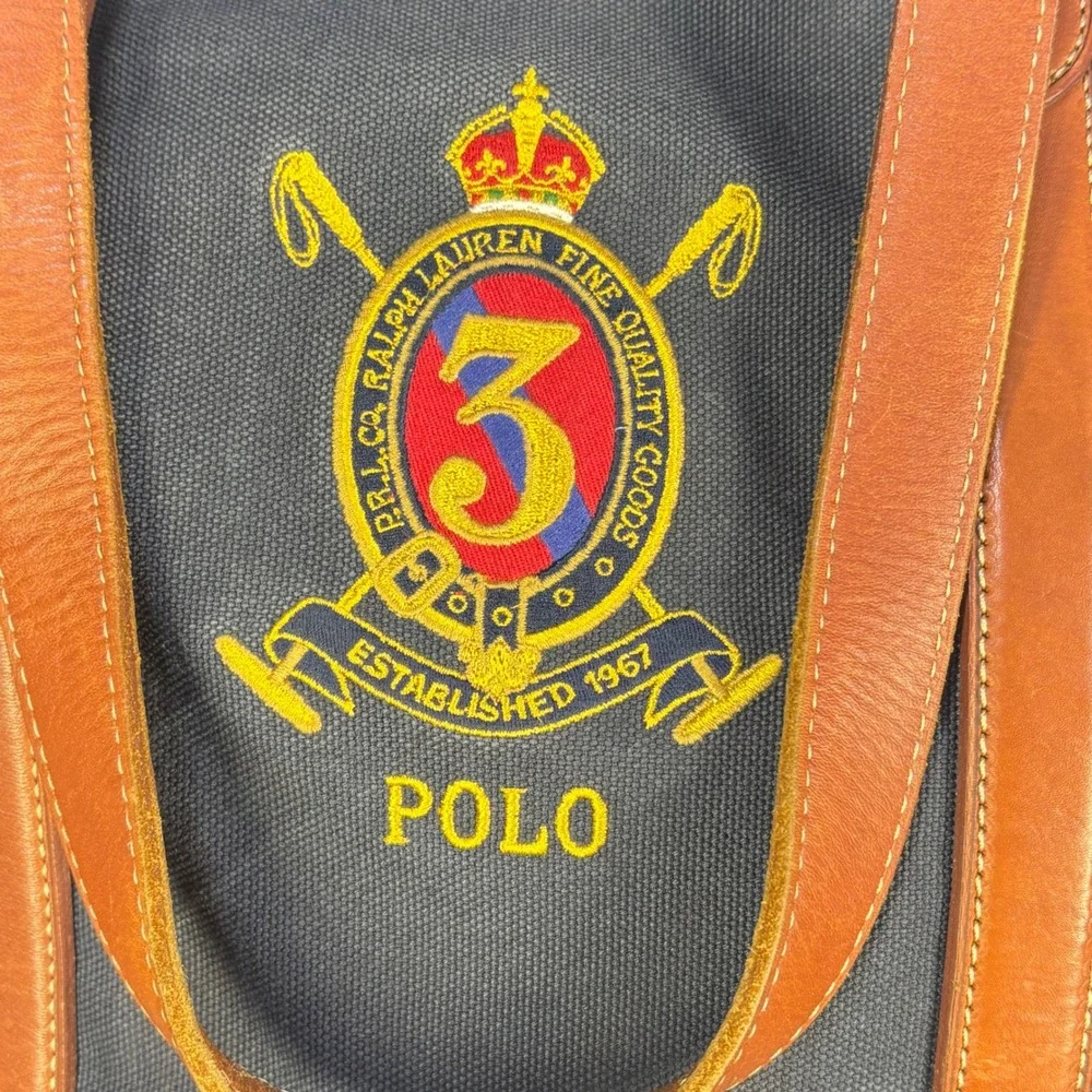 Vintage Polo Ralph Lauren Tote Bag Navy Canvas Leather Crest Heritage Preppy 90s